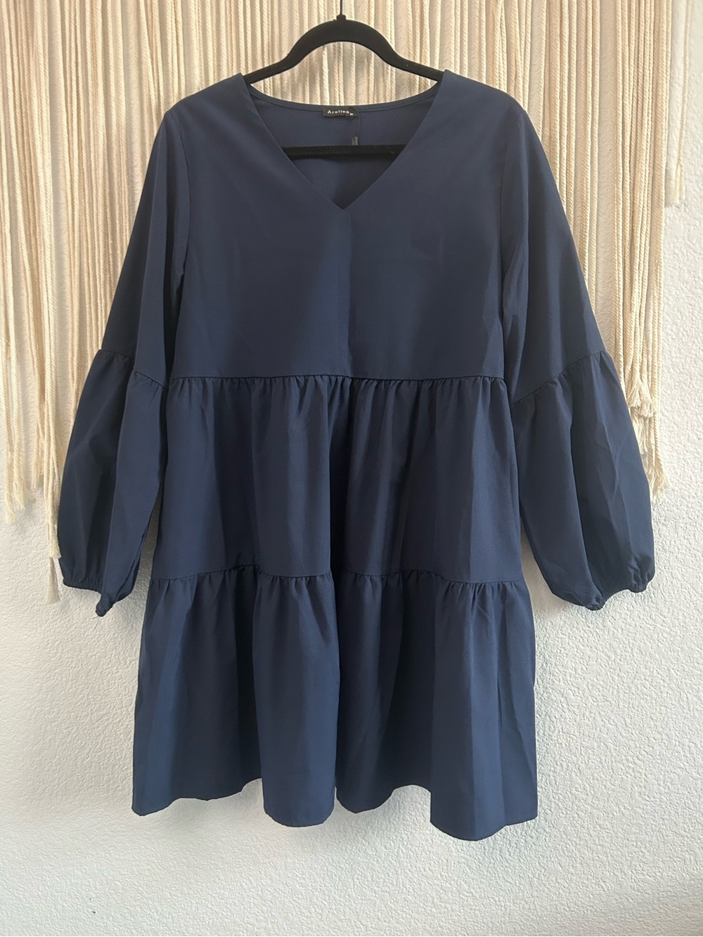 Navy Blue Tiered Babydoll Mini Dress Puff Sleeve Boho Cottagecore V Neck - Picture 6 of 14
